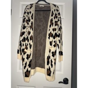 Fsl Apparel Leopard Open Front Longline Knit Cardigan Sweater Large Multicolor
